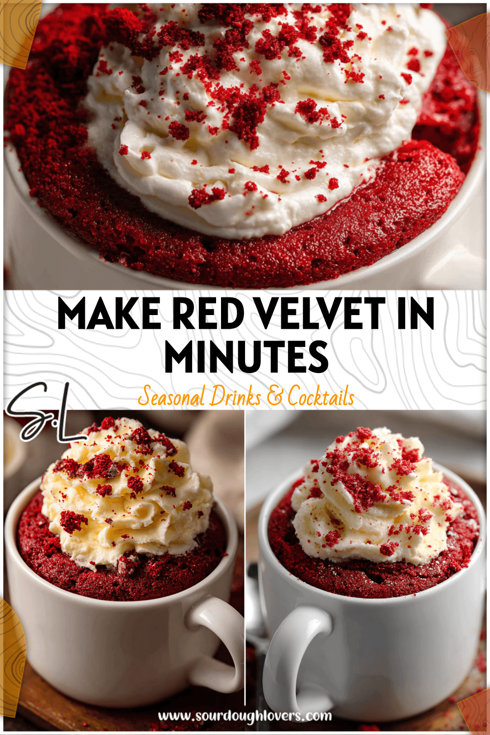 A fluffy red velvet mug cake in a white cup topped with cream cheese frosting and red crumbs. 26